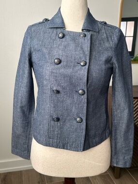 Jones New York Chambray Linen Cotton Double-Breasted Blazer in Denim Blue